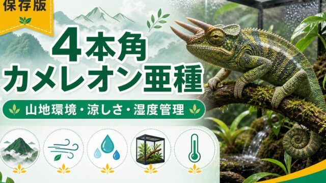 【4本角カメレオン亜種】Trioceros quadricornis gracilior の特徴・生態・飼育方法を徹底解説！カメルーン山地の希少亜種の要点を伝えるカメレオン・爬虫類記事アイキャッチ画像