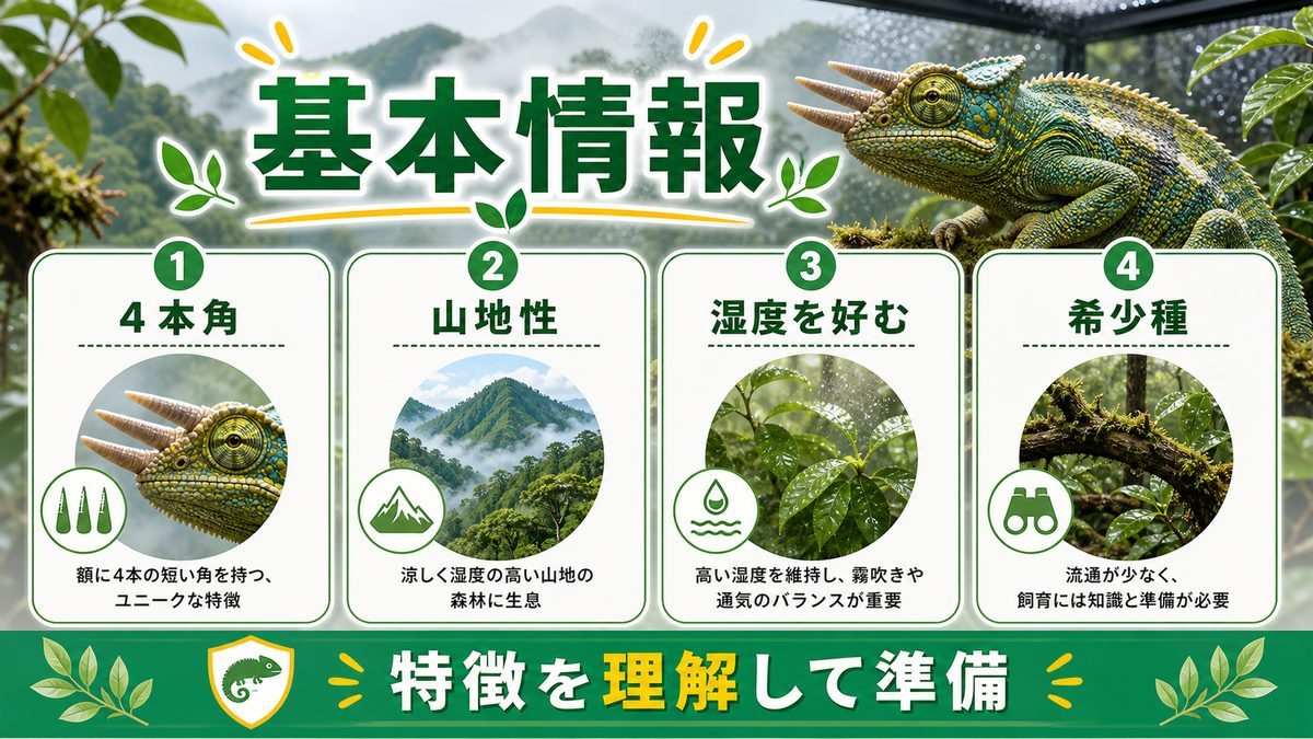 Trioceros quadricornis gracilior の基本情報の要点をまとめたカメレオン・爬虫類飼育インフォグラフィック