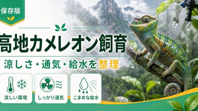 トリオケロス・スターネルフェルディ（Trioceros sternfeldi）飼育完全ガイド｜タンザニア高地カメレオンの特徴と飼い方の要点を伝えるカメレオン・爬虫類記事アイキャッチ画像