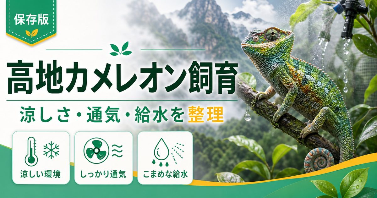 トリオケロス・スターネルフェルディ（Trioceros sternfeldi）飼育完全ガイド｜タンザニア高地カメレオンの特徴と飼い方の要点を伝えるカメレオン・爬虫類記事アイキャッチ画像