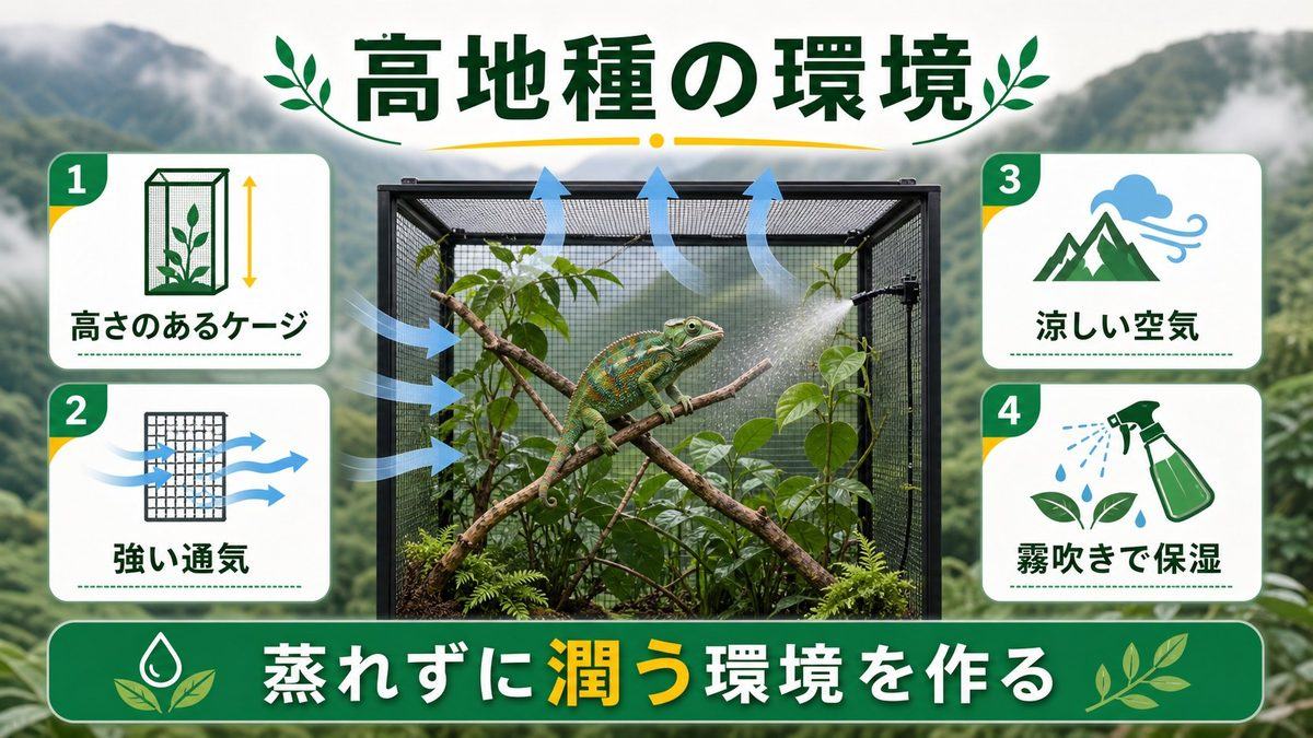 飼育環境のセットアップの要点をまとめたカメレオン・爬虫類飼育インフォグラフィック