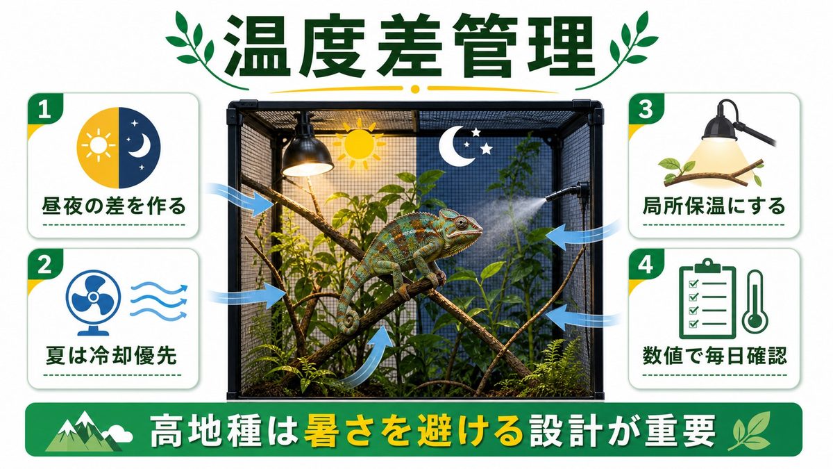 高地種特有の温度差管理の要点をまとめたカメレオン・爬虫類飼育インフォグラフィック