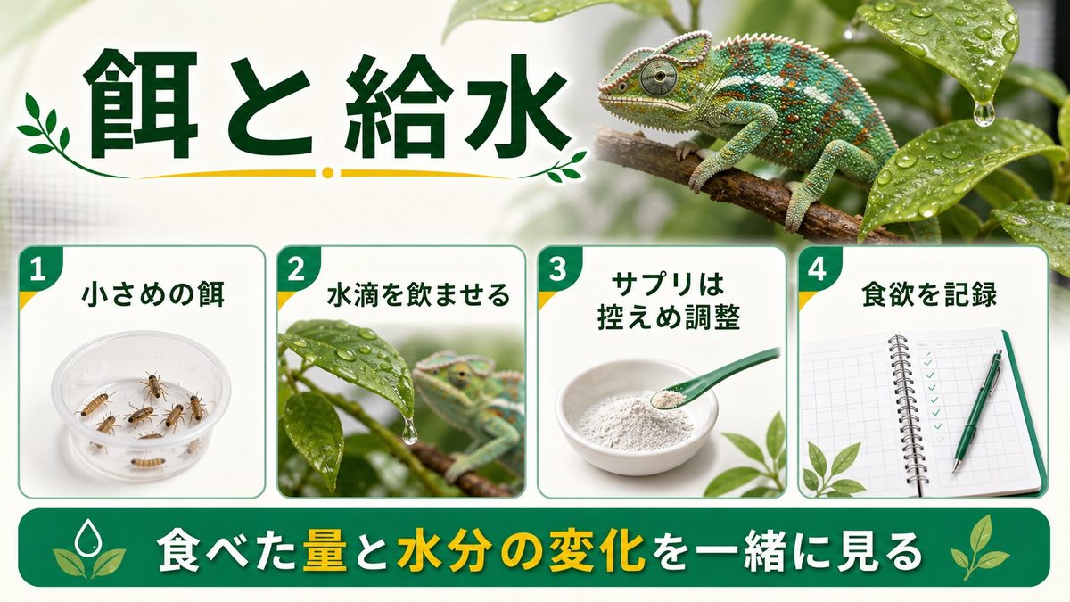 餌と給水の要点をまとめたカメレオン・爬虫類飼育インフォグラフィック