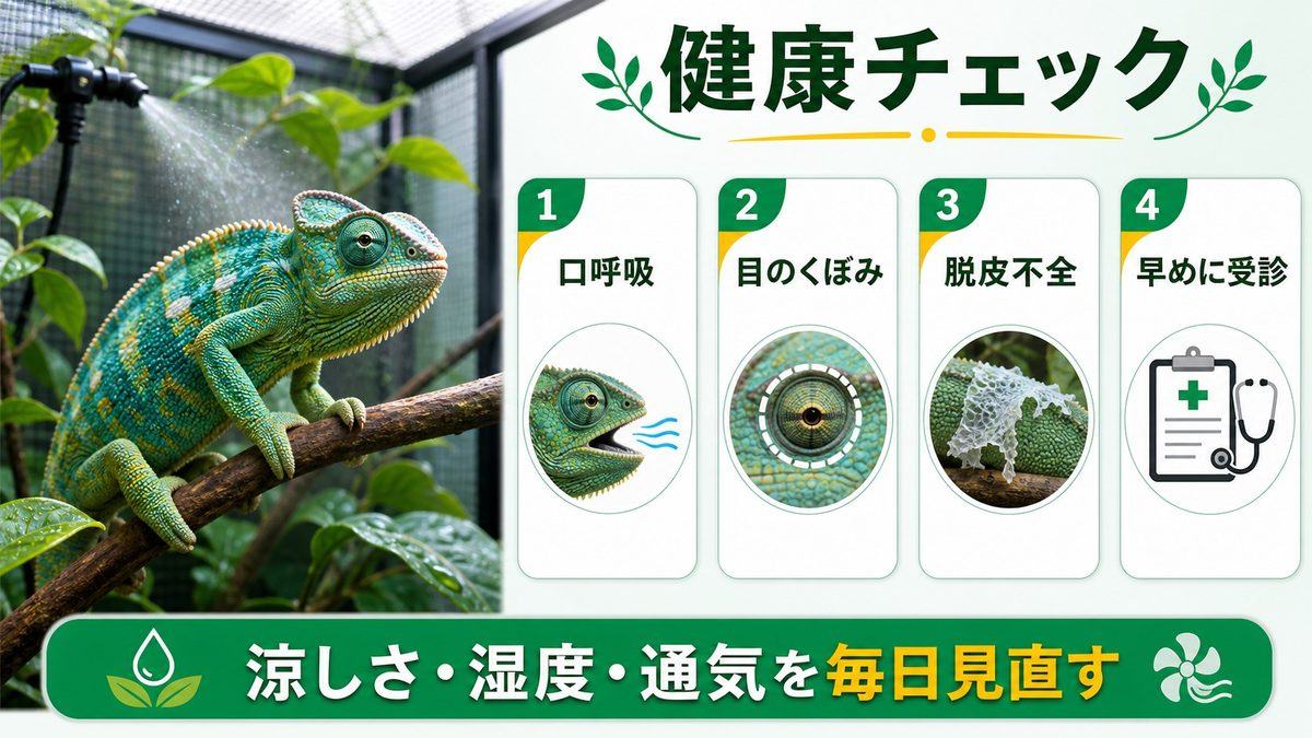 健康管理と注意点の要点をまとめたカメレオン・爬虫類飼育インフォグラフィック