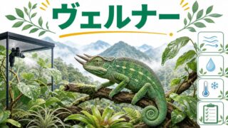 【ヴェルナーカメレオン】タンザニア山岳の希少3本角カメレオンの特徴・飼育方法を徹底解説！の要点を伝えるカメレオン・爬虫類記事アイキャッチ画像