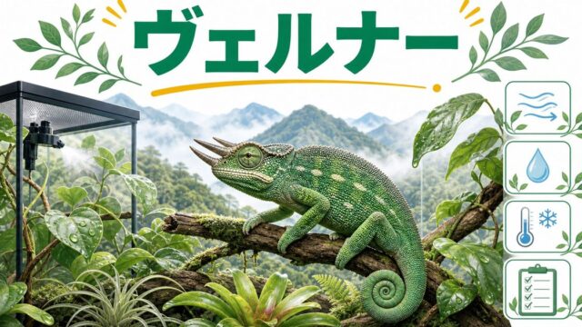 【ヴェルナーカメレオン】タンザニア山岳の希少3本角カメレオンの特徴・飼育方法を徹底解説！の要点を伝えるカメレオン・爬虫類記事アイキャッチ画像
