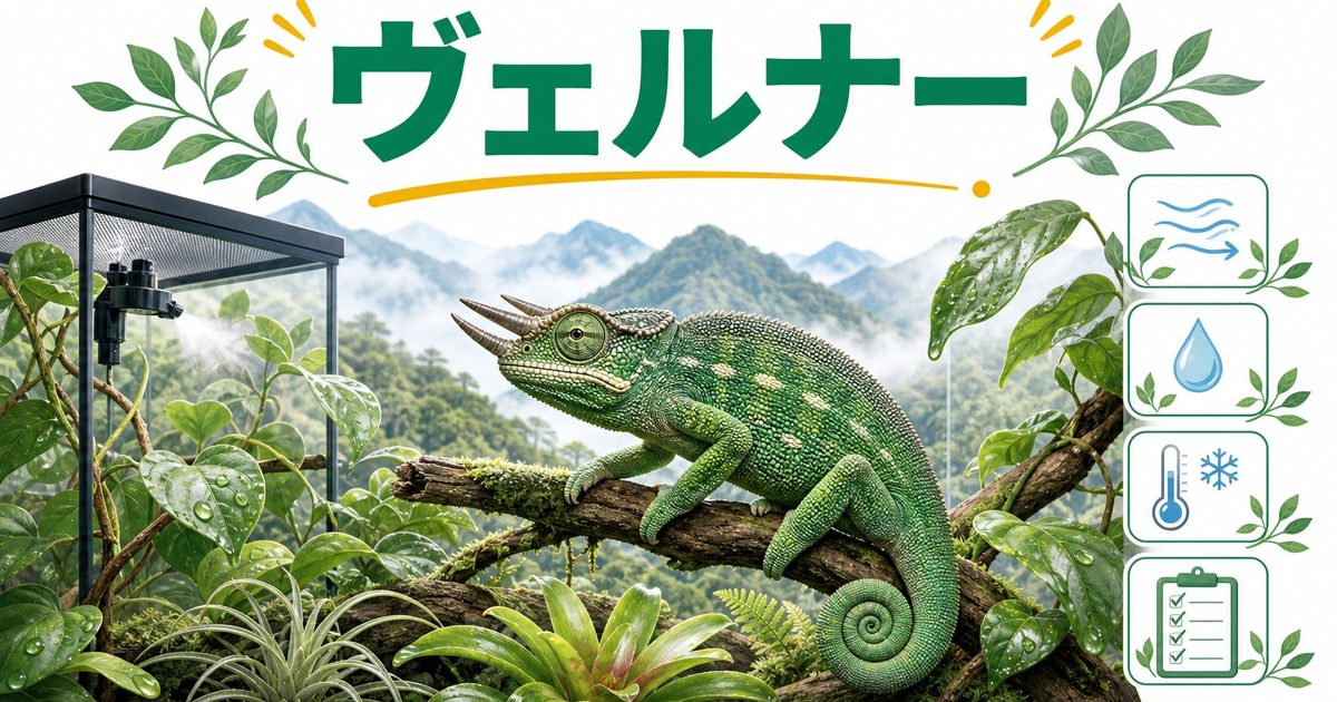 【ヴェルナーカメレオン】タンザニア山岳の希少3本角カメレオンの特徴・飼育方法を徹底解説！の要点を伝えるカメレオン・爬虫類記事アイキャッチ画像