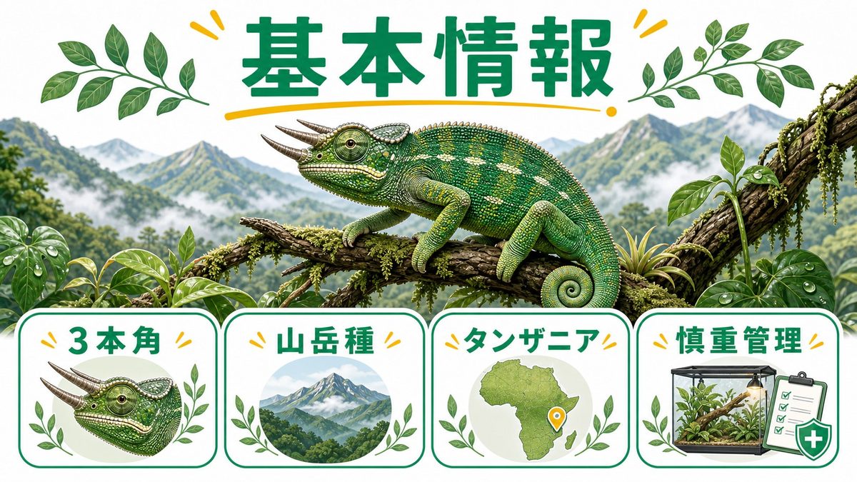 ヴェルナーカメレオンとは？タンザニアの山岳に潜む希少な3本角の要点をまとめたカメレオン・爬虫類飼育インフォグラフィック
