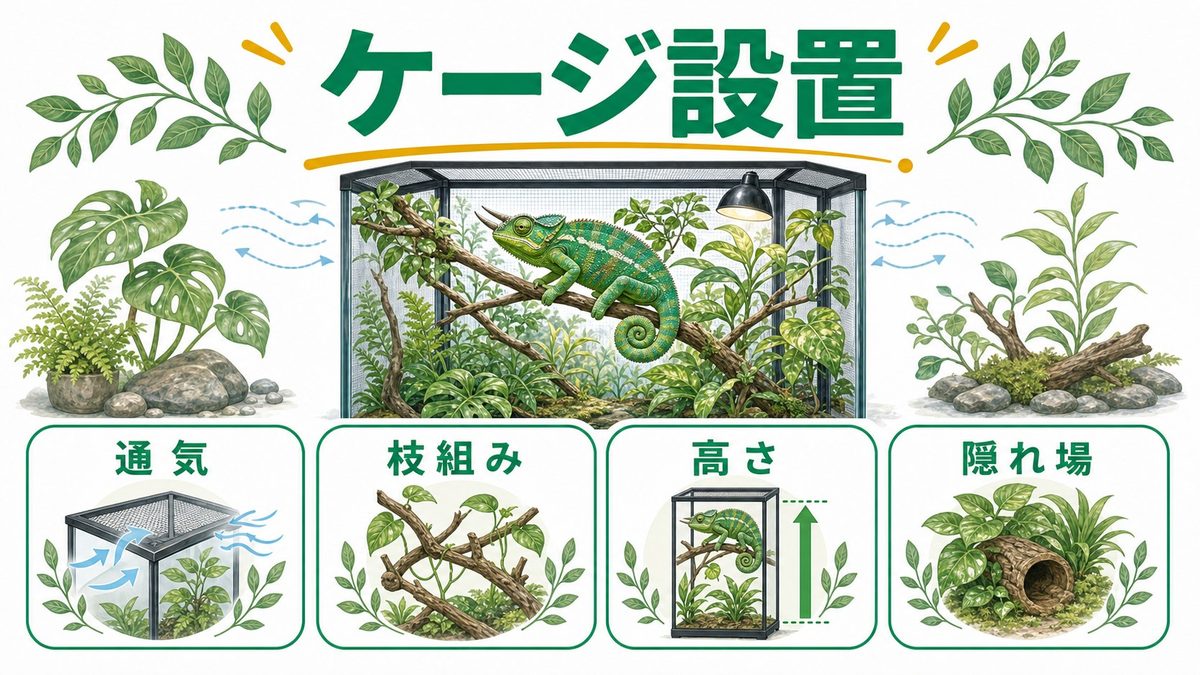 飼育環境・ケージ設置の要点をまとめたカメレオン・爬虫類飼育インフォグラフィック