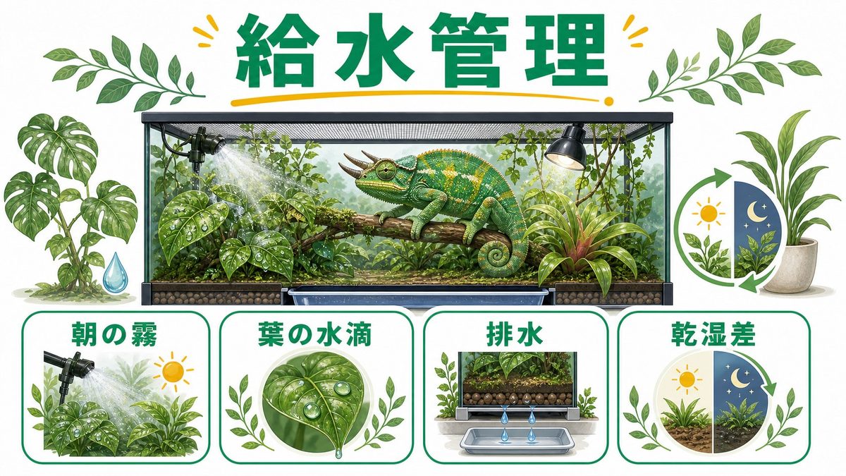 ミスティング・給水管理の要点をまとめたカメレオン・爬虫類飼育インフォグラフィック