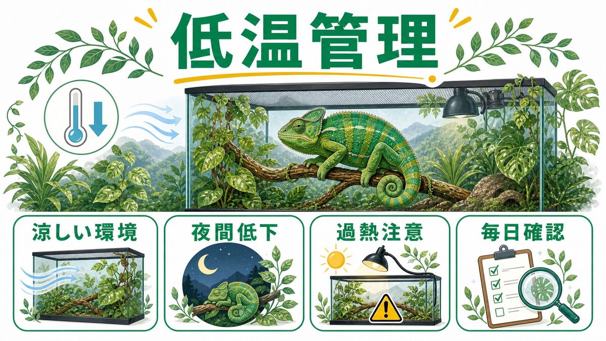 低温管理の実践：日本の気候との戦いの要点をまとめたカメレオン・爬虫類飼育インフォグラフィック