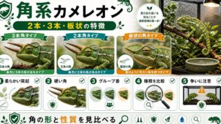 【角系カメレオン】ジャクソンカメレオン・ヒメカメレオンなど角系カメレオンを一挙紹介！【２本？４本？特徴は？】の要点を伝えるカメレオン・爬虫類記事アイキャッチ画像