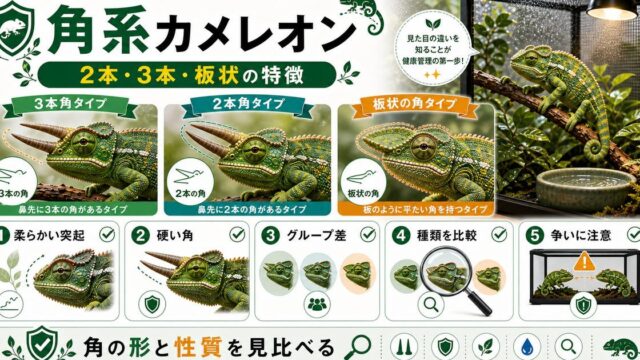 【角系カメレオン】ジャクソンカメレオン・ヒメカメレオンなど角系カメレオンを一挙紹介！【２本？４本？特徴は？】の要点を伝えるカメレオン・爬虫類記事アイキャッチ画像