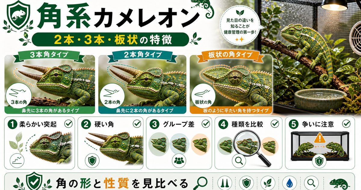 【角系カメレオン】ジャクソンカメレオン・ヒメカメレオンなど角系カメレオンを一挙紹介！【２本？４本？特徴は？】の要点を伝えるカメレオン・爬虫類記事アイキャッチ画像
