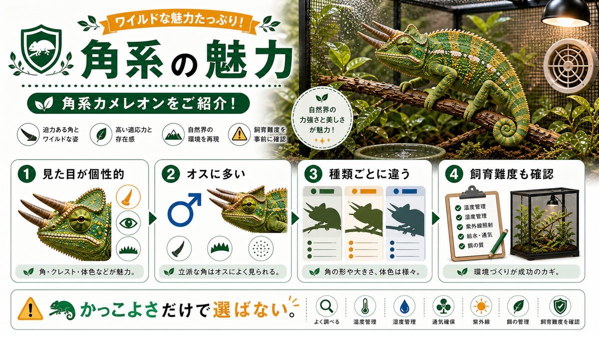 ワイルドな魅力たっぷり!角系カメレオンをご紹介!の要点をまとめたカメレオン・爬虫類飼育インフォグラフィック