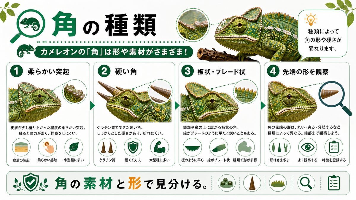 カメレオンの持つ「角」とは?の要点をまとめたカメレオン・爬虫類飼育インフォグラフィック