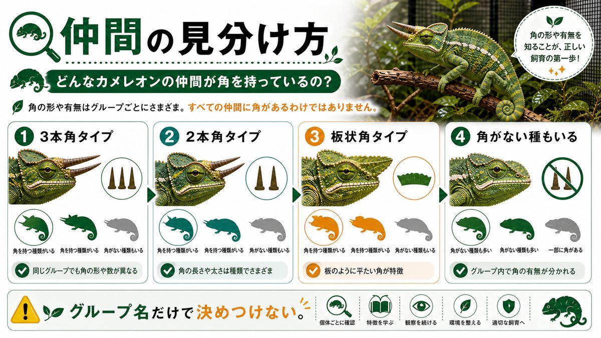 どんなカメレオンの仲間が角を持っているの?の要点をまとめたカメレオン・爬虫類飼育インフォグラフィック