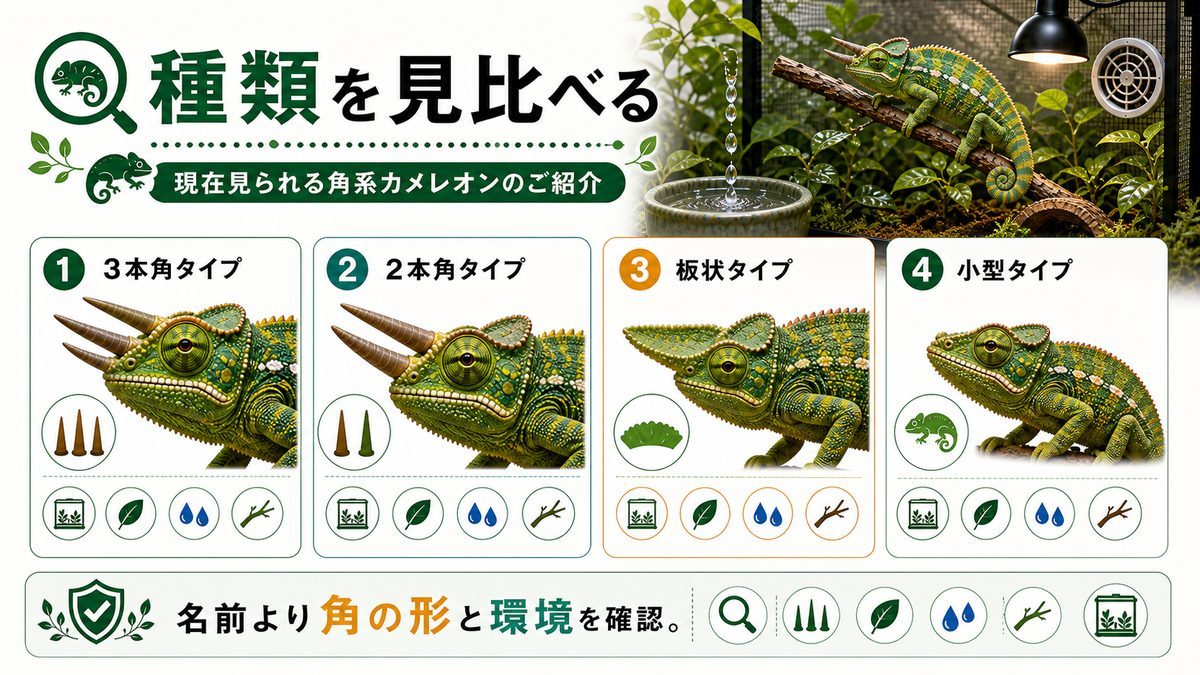 現在見られる角系カメレオンのご紹介の要点をまとめたカメレオン・爬虫類飼育インフォグラフィック