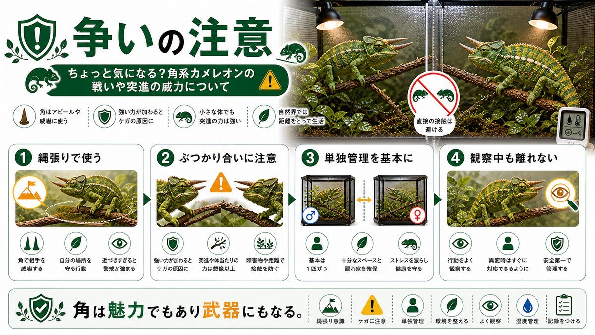 ちょっと気になる?角系カメレオンの戦いや突進の威力についての要点をまとめたカメレオン・爬虫類飼育インフォグラフィック