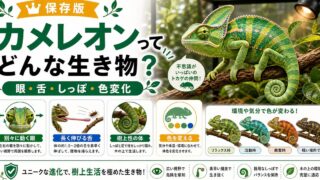 【特徴解説！】不思議いっぱい爬虫類！カメレオンってどんな生き物？【歯・舌・角】の要点を伝えるカメレオン・爬虫類記事アイキャッチ画像