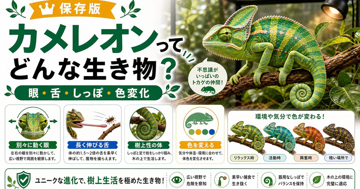 【特徴解説！】不思議いっぱい爬虫類！カメレオンってどんな生き物？【歯・舌・角】の要点を伝えるカメレオン・爬虫類記事アイキャッチ画像