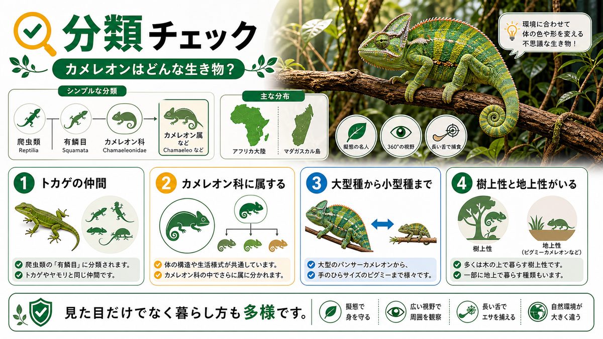 カメレオンはどんな生き物?の要点をまとめたカメレオン・爬虫類飼育インフォグラフィック
