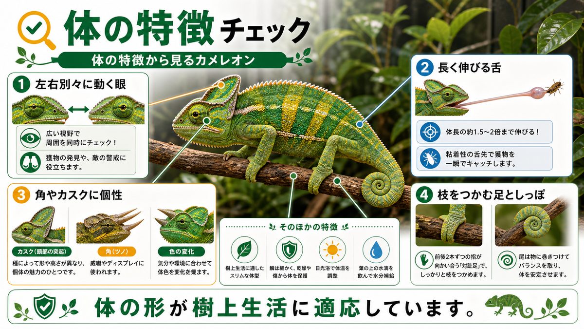 体の特徴から見るカメレオンの要点をまとめたカメレオン・爬虫類飼育インフォグラフィック