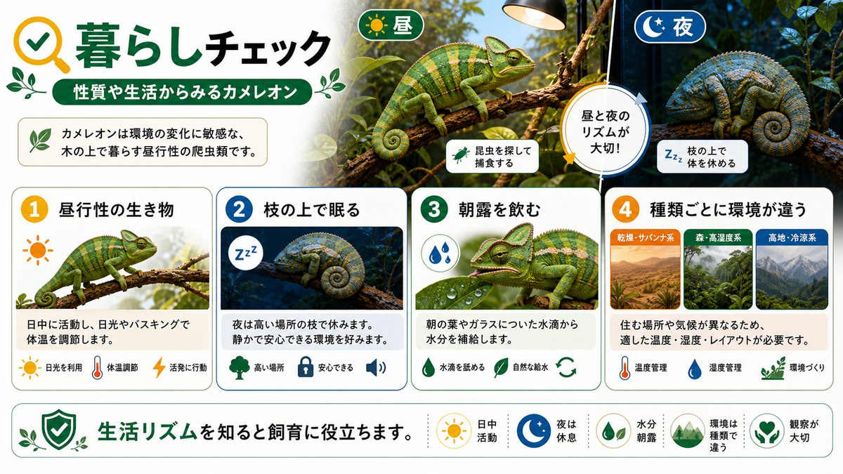 性質や生活からみるカメレオンの要点をまとめたカメレオン・爬虫類飼育インフォグラフィック