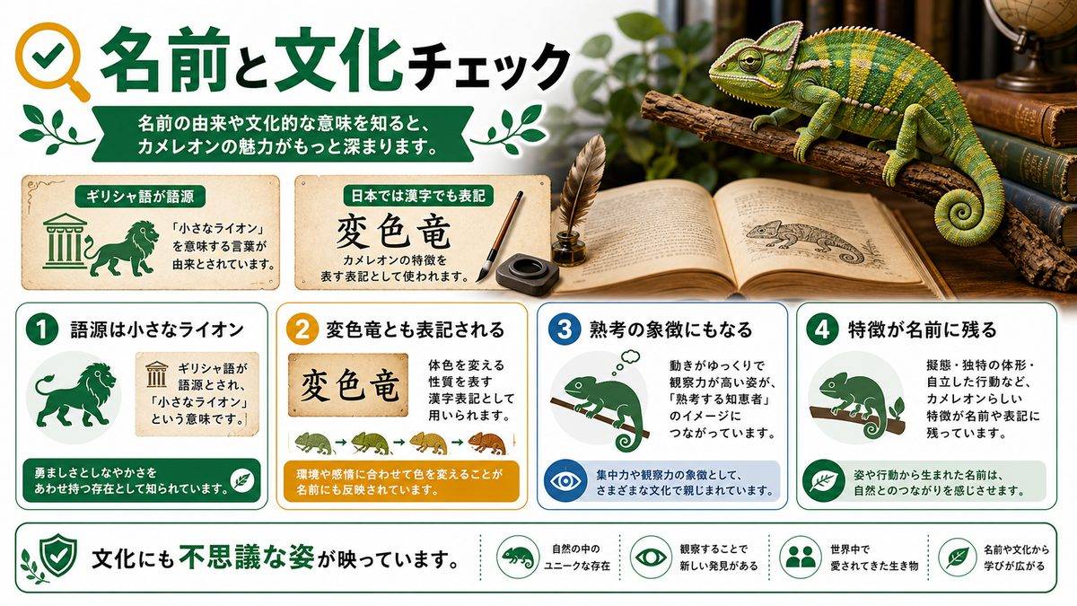 名前や文化から見るカメレオンの要点をまとめたカメレオン・爬虫類飼育インフォグラフィック