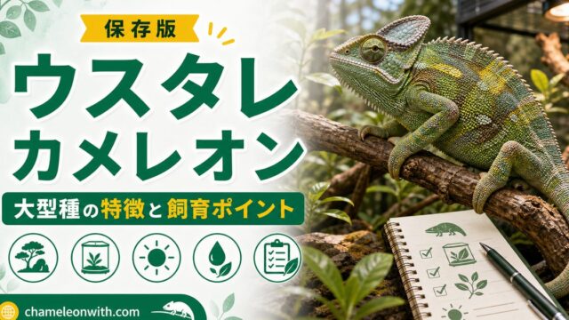 【世界最長！】ウスタレカメレオンの飼い方・育て方！おすすめの餌や性格・繁殖について徹底解説！の要点を伝えるカメレオン・爬虫類記事アイキャッチ画像