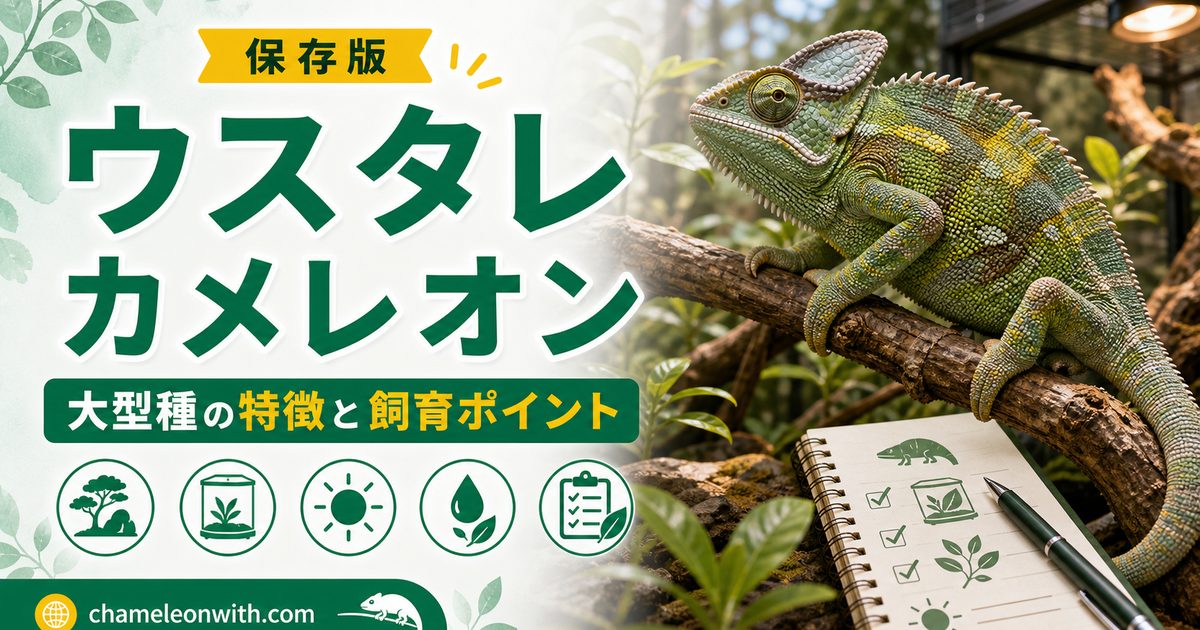 【世界最長！】ウスタレカメレオンの飼い方・育て方！おすすめの餌や性格・繁殖について徹底解説！の要点を伝えるカメレオン・爬虫類記事アイキャッチ画像