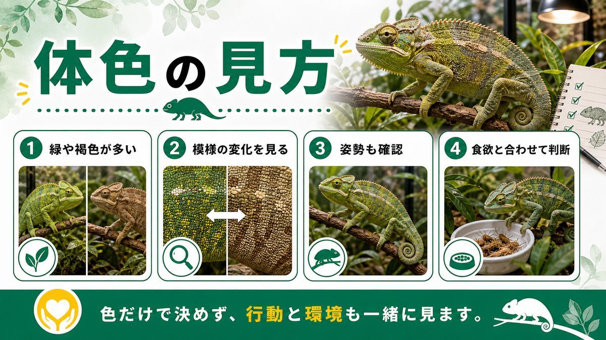 どんな体色？の要点をまとめたカメレオン・爬虫類飼育インフォグラフィック