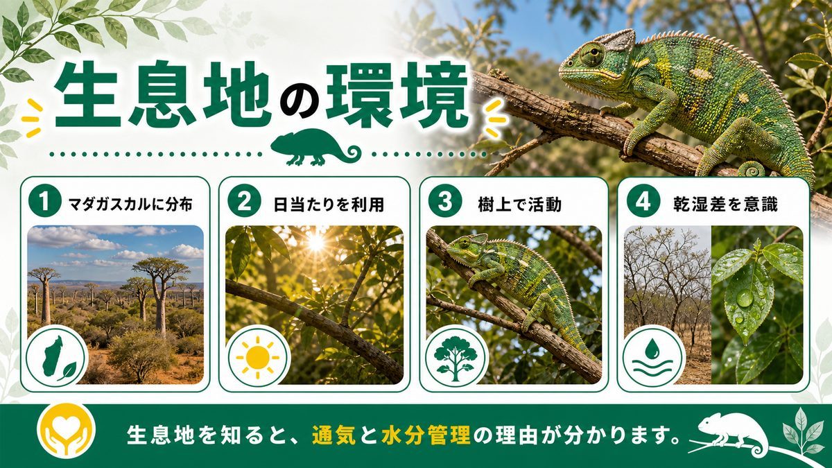 生息地は？の要点をまとめたカメレオン・爬虫類飼育インフォグラフィック