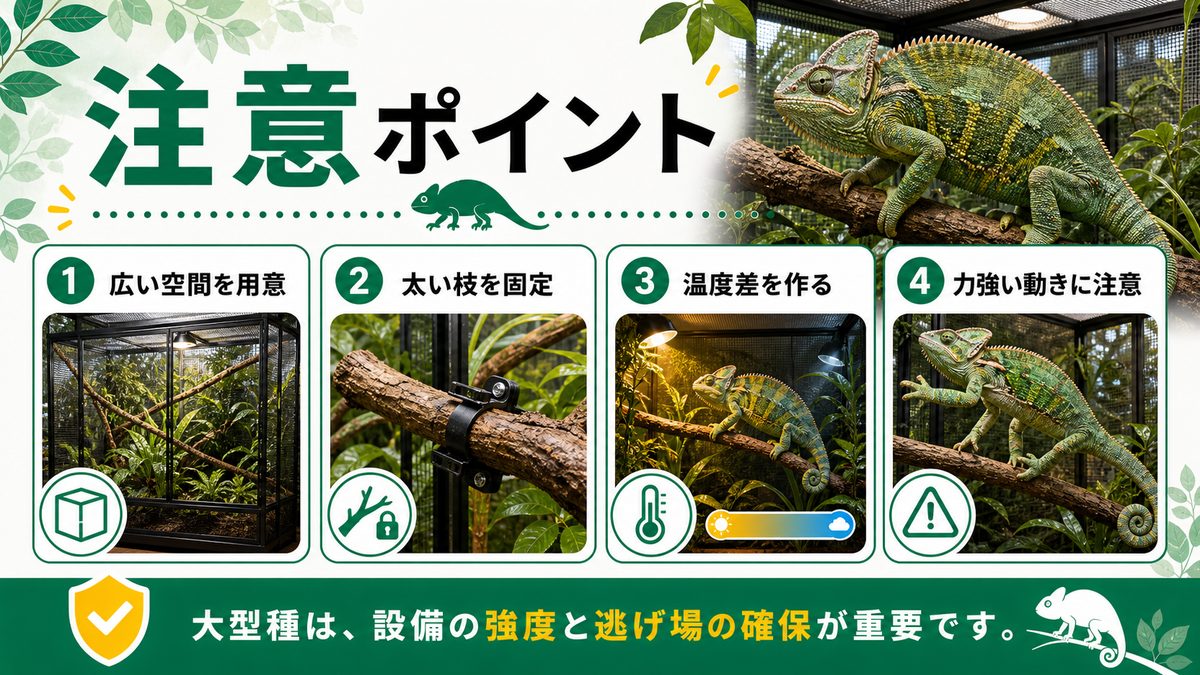 気を付けるべきポイントは？の要点をまとめたカメレオン・爬虫類飼育インフォグラフィック
