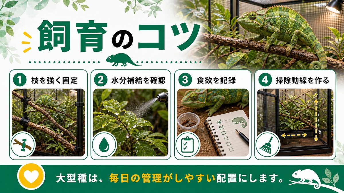 ウスタレカメレオン飼育に役立つちょっとした情報の要点をまとめたカメレオン・爬虫類飼育インフォグラフィック