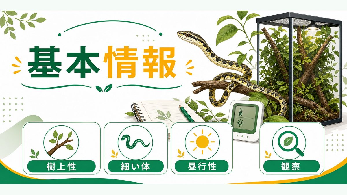 🦎 バインスネーク（Ahaetulla属）の基本情報の要点をまとめたカメレオン・爬虫類飼育インフォグラフィック