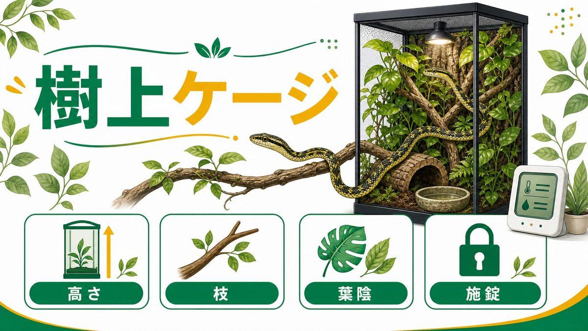 🏠 飼育ケージの設定 ── 樹上性生活を再現する縦型環境の要点をまとめたカメレオン・爬虫類飼育インフォグラフィック