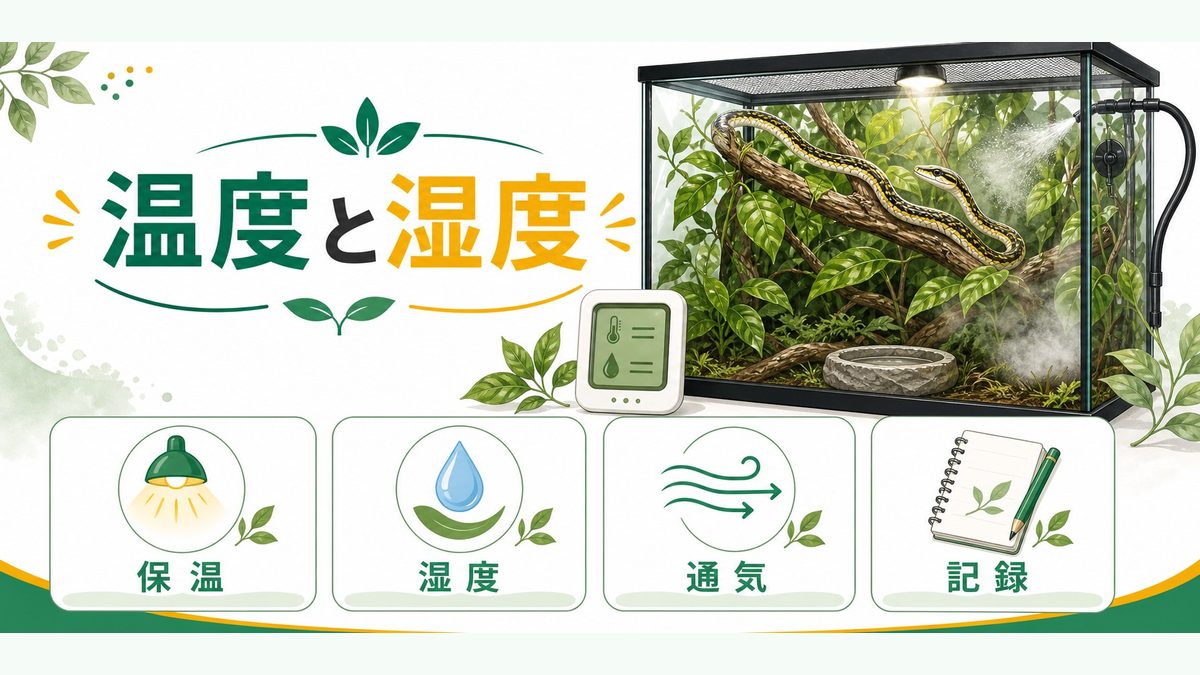 🌡️ 温度・湿度管理 ── 熱帯気候を室内で再現するの要点をまとめたカメレオン・爬虫類飼育インフォグラフィック