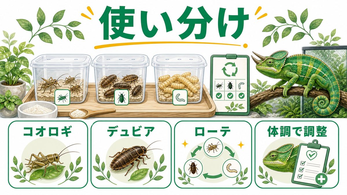 コオロギ・デュビアとの使い分け方の要点をまとめたカメレオン・爬虫類飼育インフォグラフィック