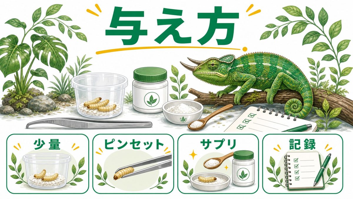 ハニーワームの正しい与え方とダスティングの重要性の要点をまとめたカメレオン・爬虫類飼育インフォグラフィック