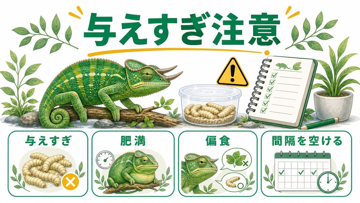 与えすぎのリスクと肥満・脂肪肝の怖さの要点をまとめたカメレオン・爬虫類飼育インフォグラフィック