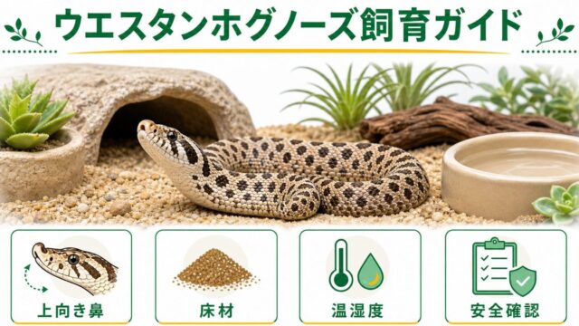 ウエスタンホグノーズスネーク（ヘテロドン・ナシカス）飼育完全ガイド！モルフ・特徴・飼育環境・餌・イースタン種との違いを徹底解説の要点を伝えるカメレオン・爬虫類記事アイキャッチ画像