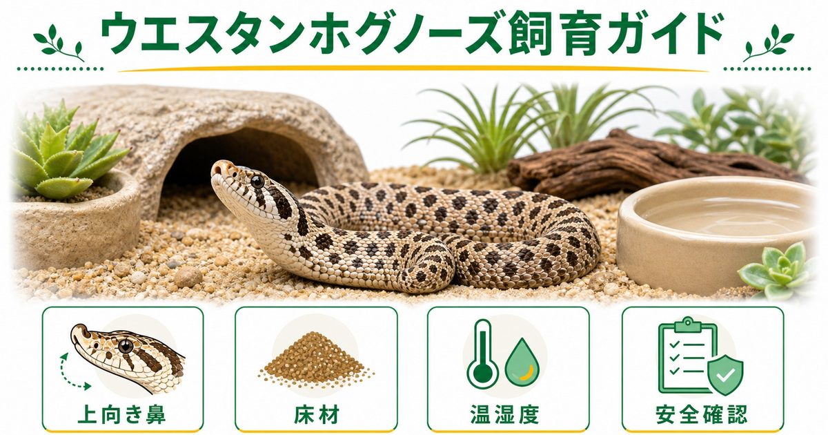 ウエスタンホグノーズスネーク（ヘテロドン・ナシカス）飼育完全ガイド！モルフ・特徴・飼育環境・餌・イースタン種との違いを徹底解説の要点を伝えるカメレオン・爬虫類記事アイキャッチ画像