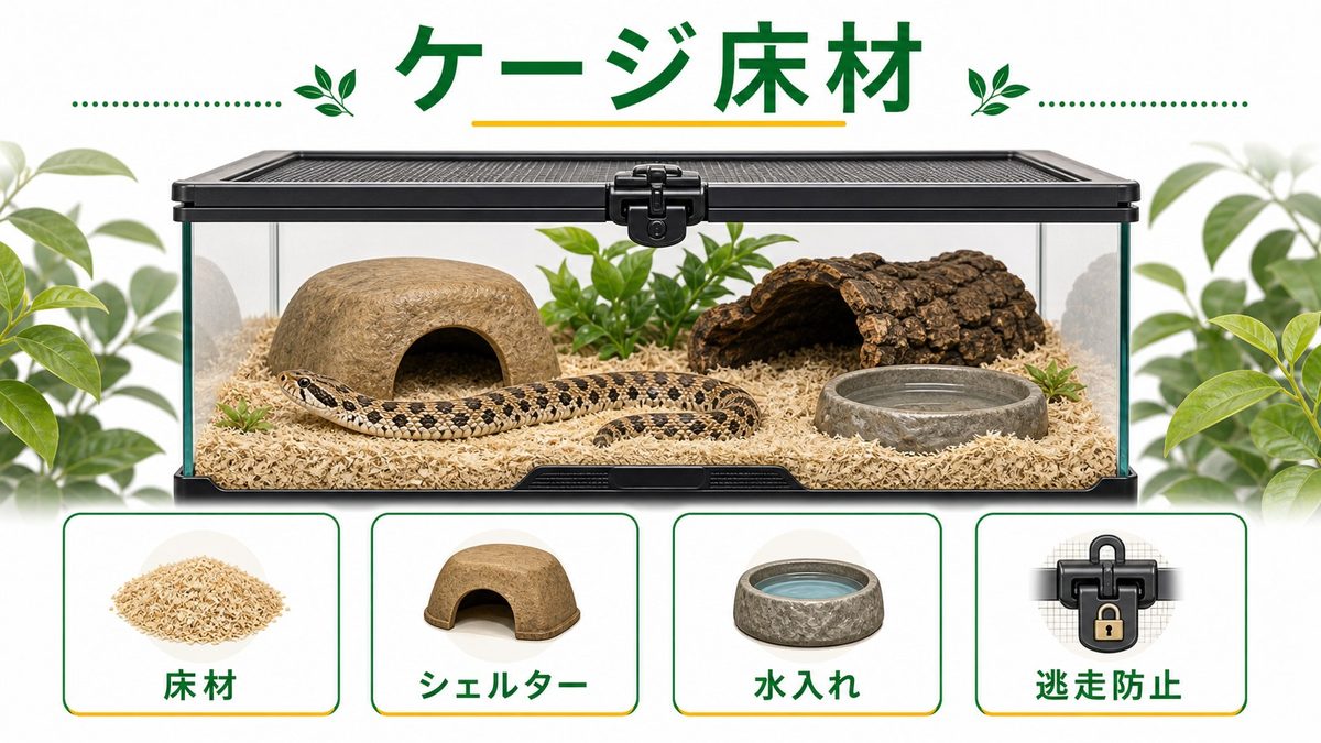 飼育ケージ・床材・レイアウトの選び方の要点をまとめたカメレオン・爬虫類飼育インフォグラフィック