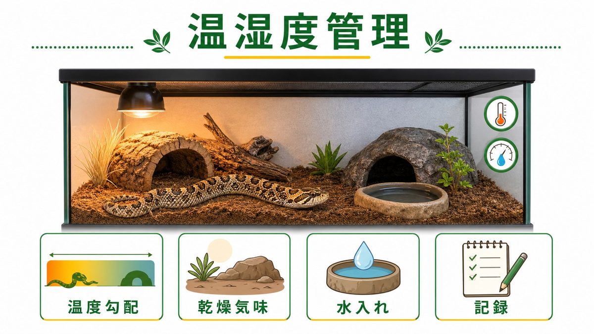 温度・湿度管理の基本の要点をまとめたカメレオン・爬虫類飼育インフォグラフィック