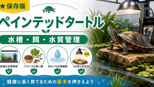 ウエスタンペインテッドタートル（Chrysemys picta bellii）飼育完全ガイド！北米西部産美麗水棲ガメ亜種の特徴・水槽・餌・水質管理を徹底解説の要点を伝えるカメレオン・爬虫類記事アイキャッチ画像