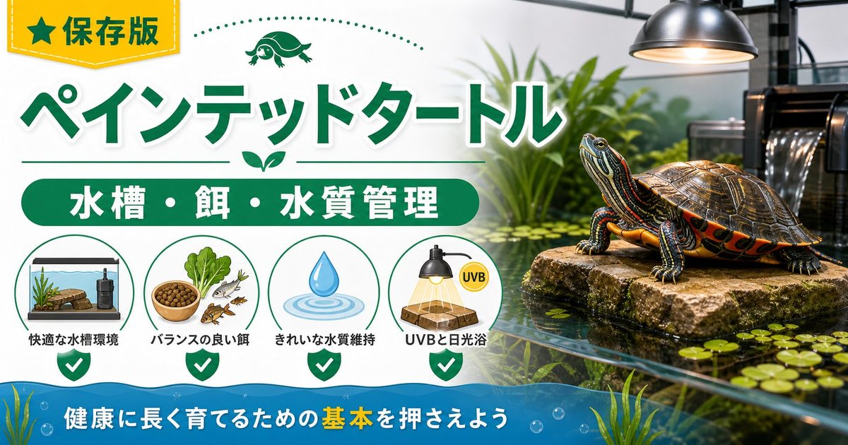 ウエスタンペインテッドタートル（Chrysemys picta bellii）飼育完全ガイド！北米西部産美麗水棲ガメ亜種の特徴・水槽・餌・水質管理を徹底解説の要点を伝えるカメレオン・爬虫類記事アイキャッチ画像