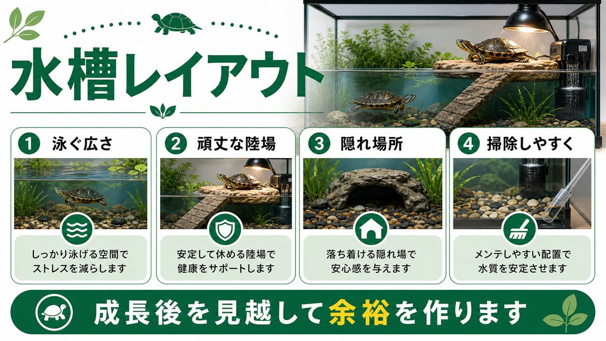 水槽サイズ・レイアウト：大型化を見越して広めにの要点をまとめたカメレオン・爬虫類飼育インフォグラフィック