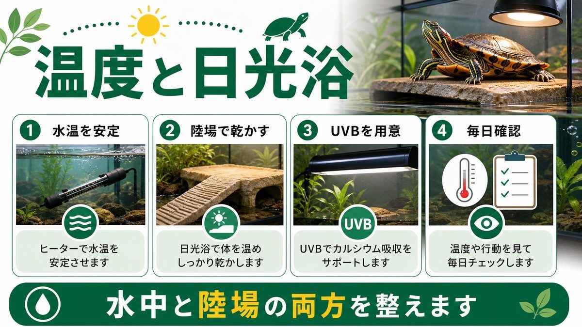 水温・気温・バスキングの温度管理の要点をまとめたカメレオン・爬虫類飼育インフォグラフィック