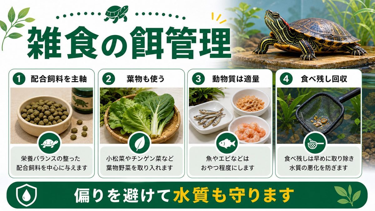 餌の与え方：雑食性のウエスタン亜種に最適な食事の要点をまとめたカメレオン・爬虫類飼育インフォグラフィック